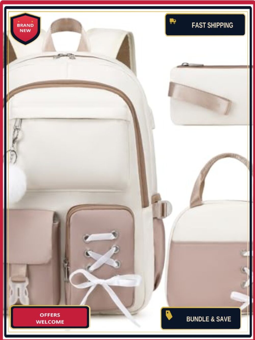 3-in-1 Laptop Backpack Set with Lunch Bag & Pencil Pouch, USB Charging,